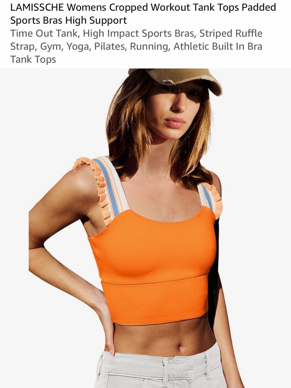 Orange Ruffle-Trim Sports Bra with Striped Elastic Straps